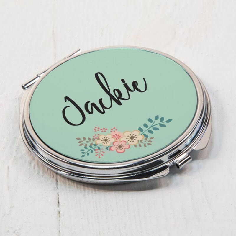Personalised Green Floral Compact Mirror