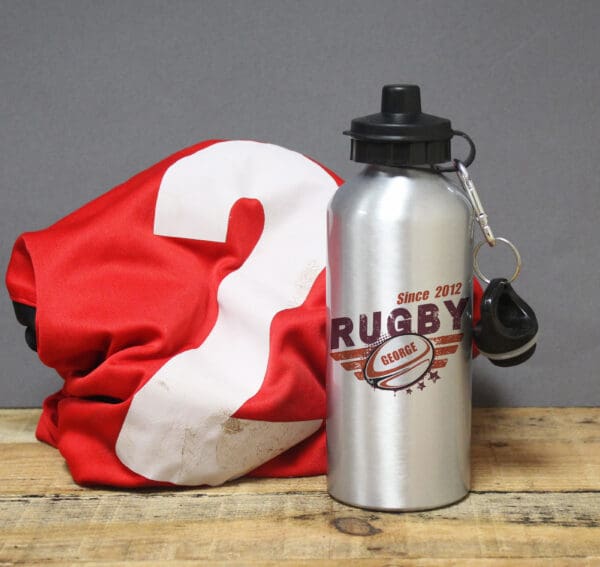 Personalised Rugby Silver Drinks Bottle