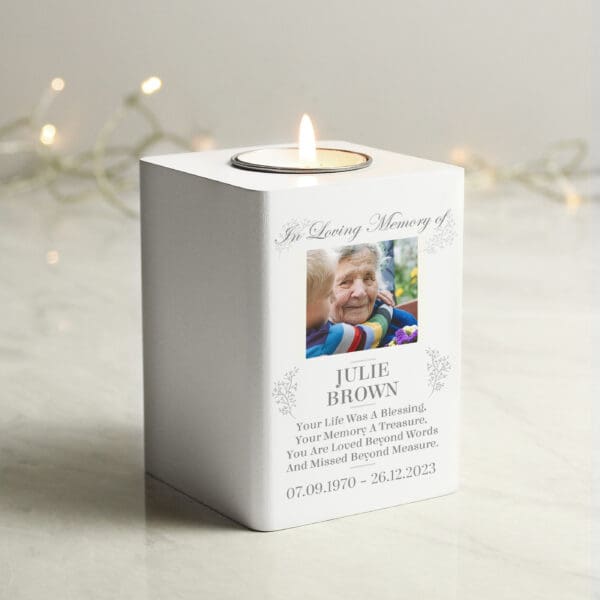 Personalised Memorial Photo Upload White Wooden Tea light Holder