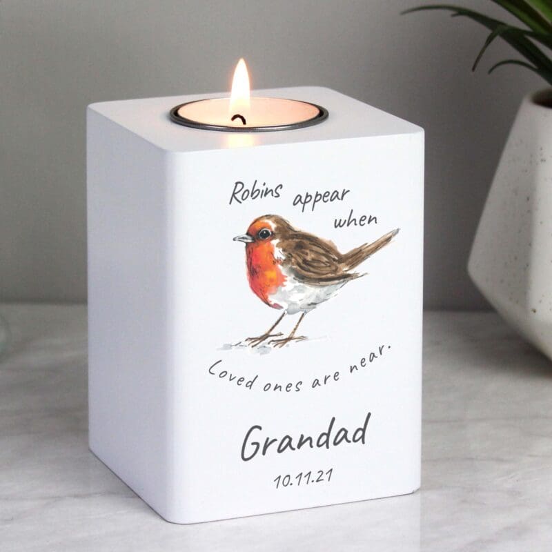 All Saints' Day 10 Personalised Robins Appear White Wooden Tea light Holder
