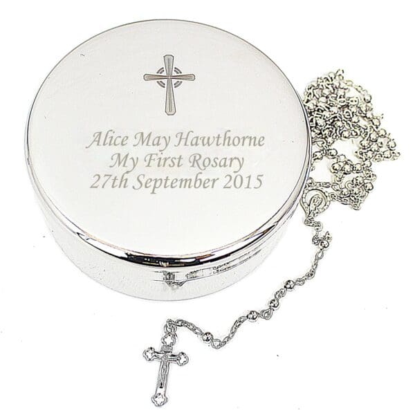Personalised Rosary Beads and Cross Round Trinket Box
