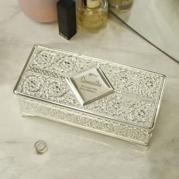 Personalised Swirls & Hearts Antique Silver Plated Jewellery Box