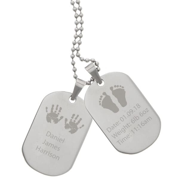 Personalised Hands and Feet New Baby Stainless Steel Double Dog Tag Necklace