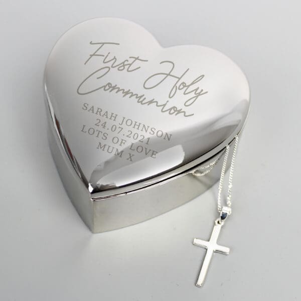 Personalised First Holy Communion Heart Trinket Box & Cross Necklace Set 15 Personalised First Holy Communion Heart Trinket Box & Cross Necklace Set