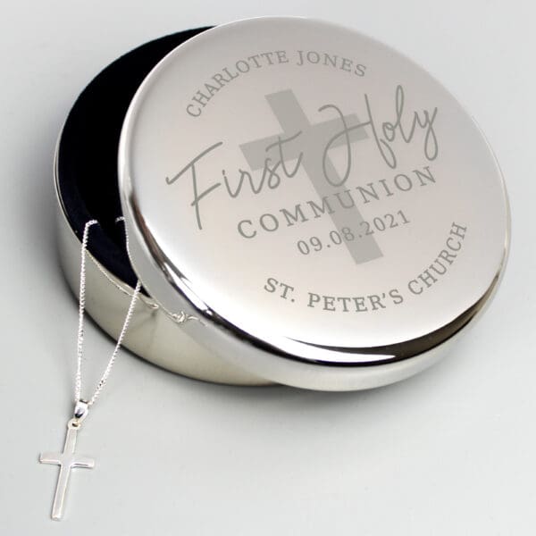 Personalised First Holy Communion Round Trinket Box & Cross Necklace Set 24 Personalised First Holy Communion Round Trinket Box & Cross Necklace Set