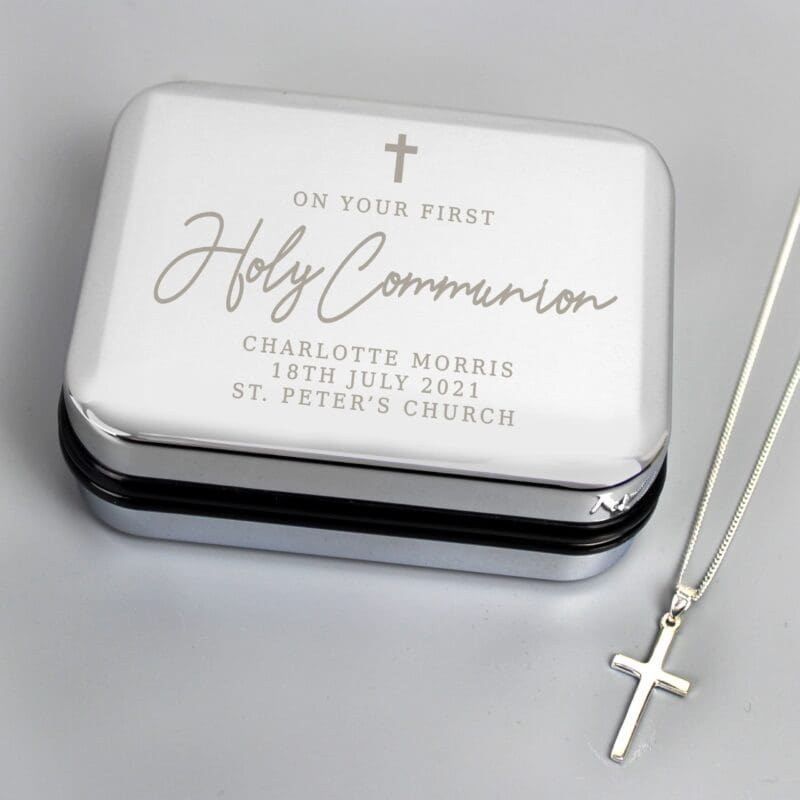Personalised First Holy Communion Box & Cross Necklace Set