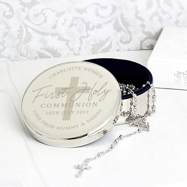 Personalised First Holy Communion Round Trinket Box & Rosary Beads Set 25 Personalised First Holy Communion Round Trinket Box & Rosary Beads Set