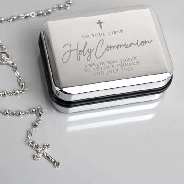 Personalised First Holy Communion Rosary Beads and Cross Trinket Box 22 Personalised First Holy Communion Rosary Beads and Cross Trinket Box