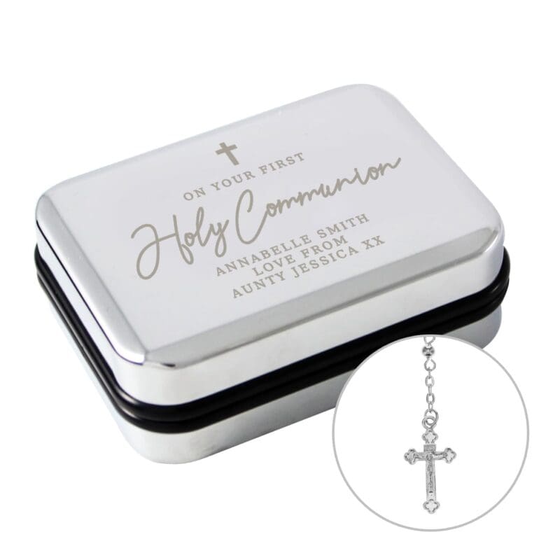 Personalised First Holy Communion Rosary Beads and Cross Trinket Box