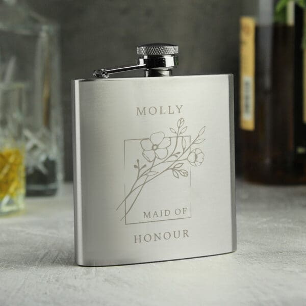 Personalised Monochrome Floral Hip Flask