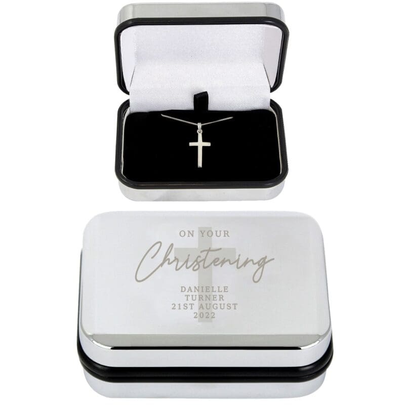 Personalised Christening Trinket Box & Cross Necklace Set