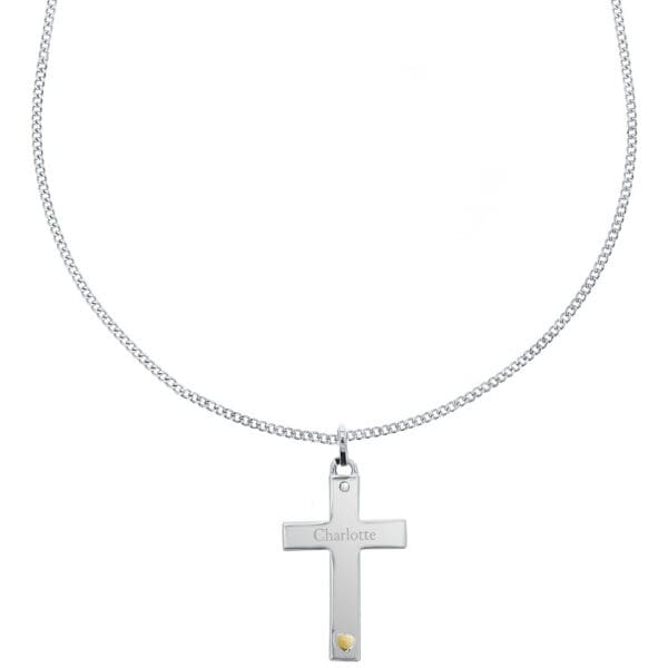 Personalised Sterling Silver Cross with 9ct Gold Heart & CZ Necklace