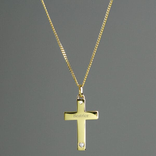 Personalised 9ct Gold Cross with Sterling Silver Heart & CZ Necklace