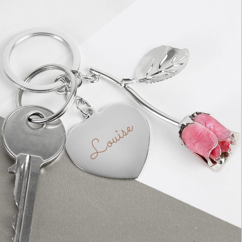 Personalised Silver Plated Name Pink Rose Keyring