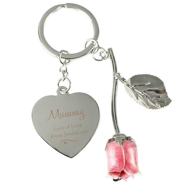 Personalised Silver Plated Swirls & Hearts Pink Rose Keyring