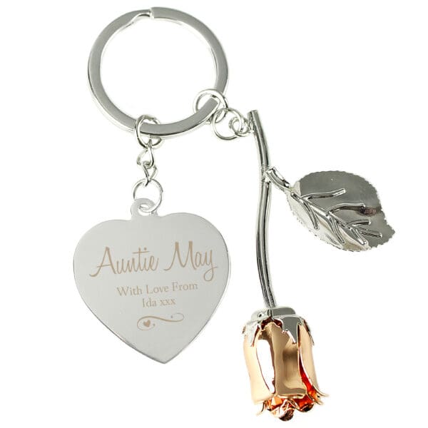 Personalised Silver Plated Swirls & Hearts Rose Gold Rose Keyring