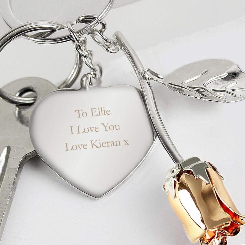 Personalised Silver Plated Rose Gold Rose Keyring