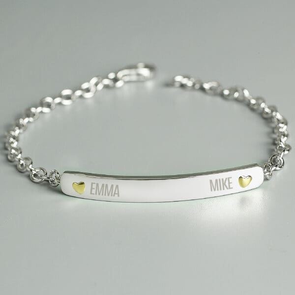 Personalised Two Names Sterling Silver and 9ct Gold Bar Bracelet
