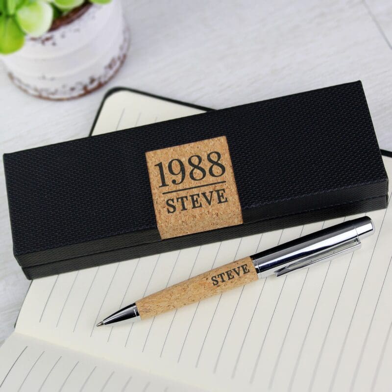 Personalised Large Date & Name Cork Pen Set