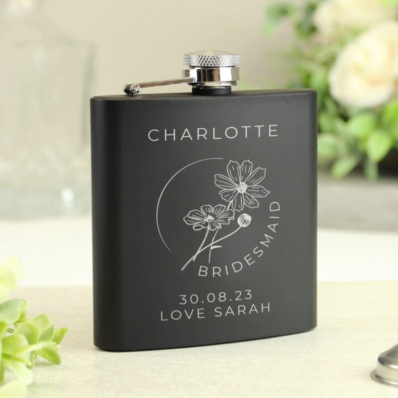 Personalised Monochrome Floral Wedding Party Black Hip Flask