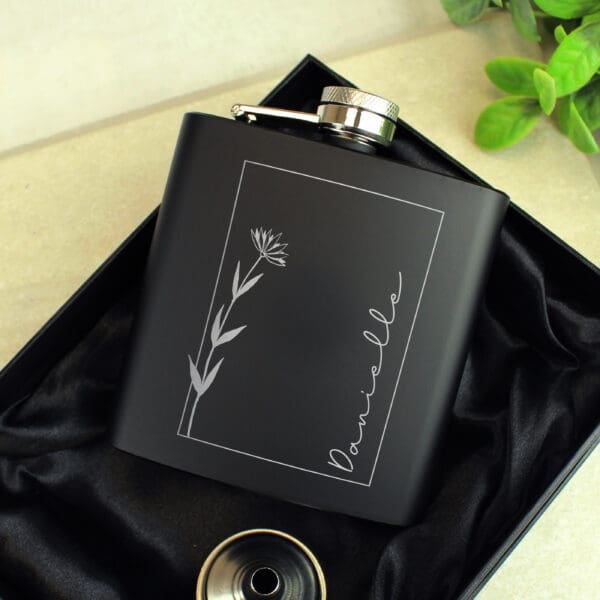 Personalised Monochrome Floral Name Black Hip Flask