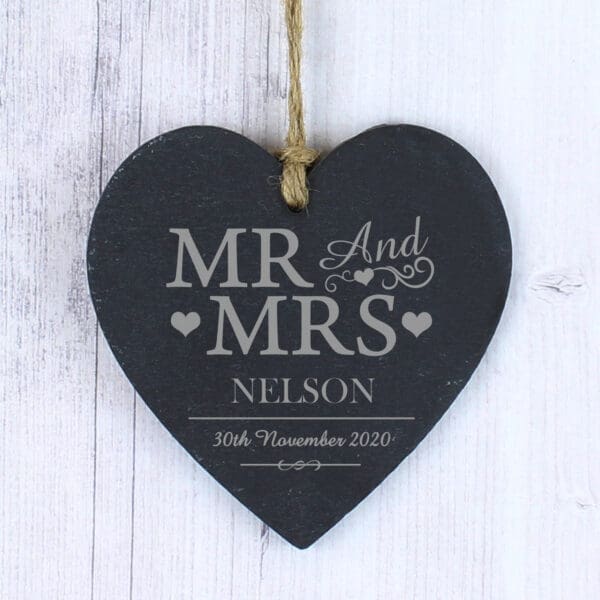 Personalised Mr & Mrs Slate Heart Decoration