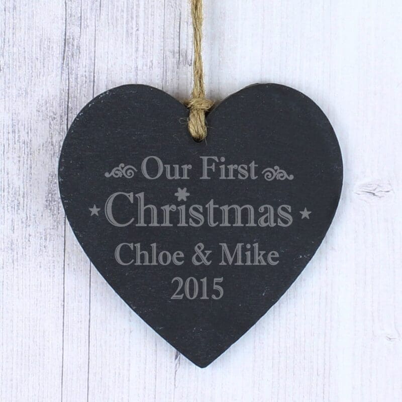 Personalised Our First Christmas Slate Heart Decoration