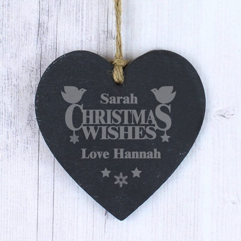 Personalised Christmas Wishes Slate Heart Decoration