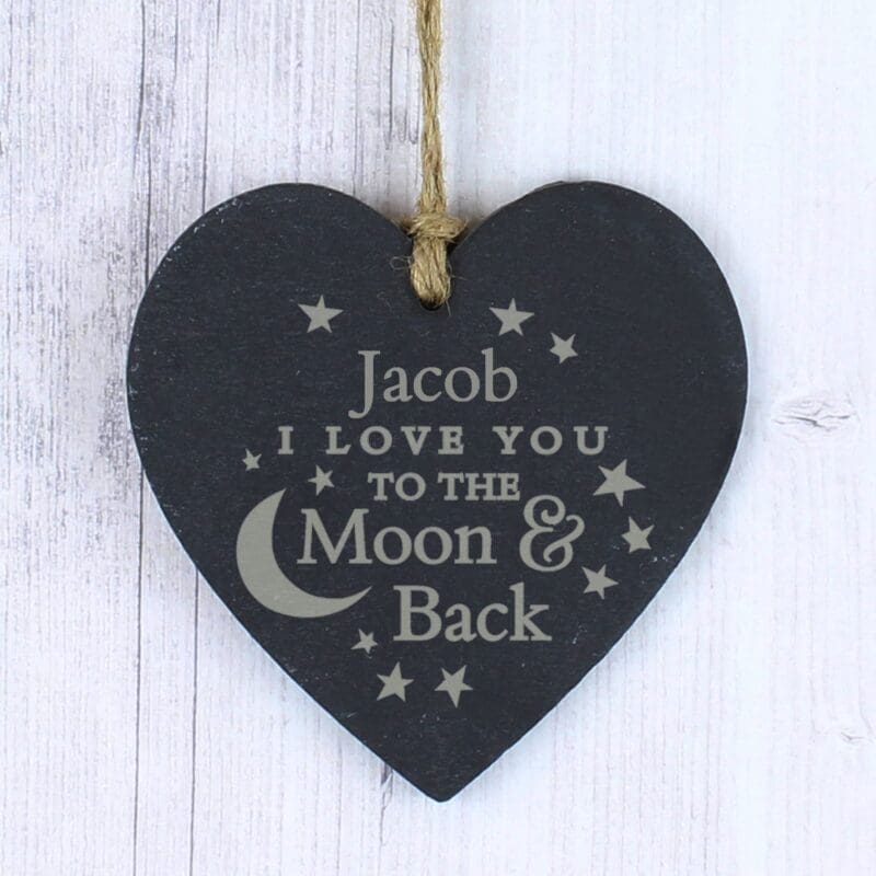 Personalised Engraved Moon and Back Slate Heart Decoration