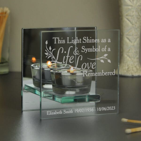 Personalised Life & Love Mirrored Glass Tea Light Candle Holder