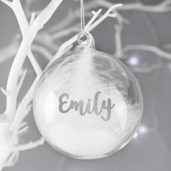 Personalised Silver Glitter Name Only Feather Glass Bauble 24 Personalised Silver Glitter Name Only Feather Glass Bauble