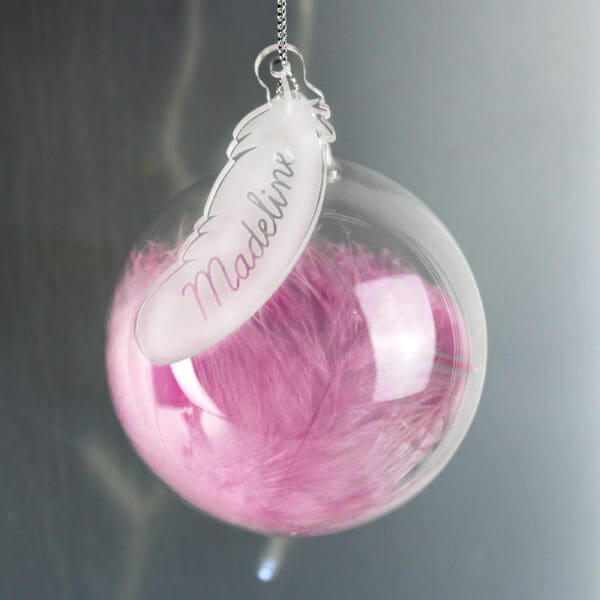 Personalised Pink Feather Glass Bauble 25 Personalised Pink Feather Glass Bauble