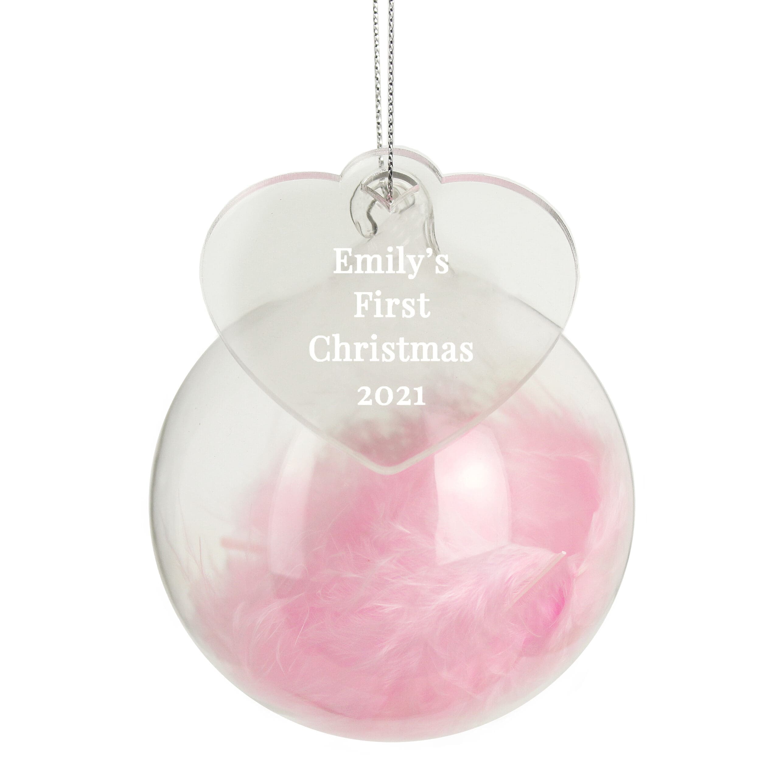 Personalised Free Text Pink Feather Glass Bauble With Heart Tag 5 Personalised Free Text Pink Feather Glass Bauble With Heart Tag