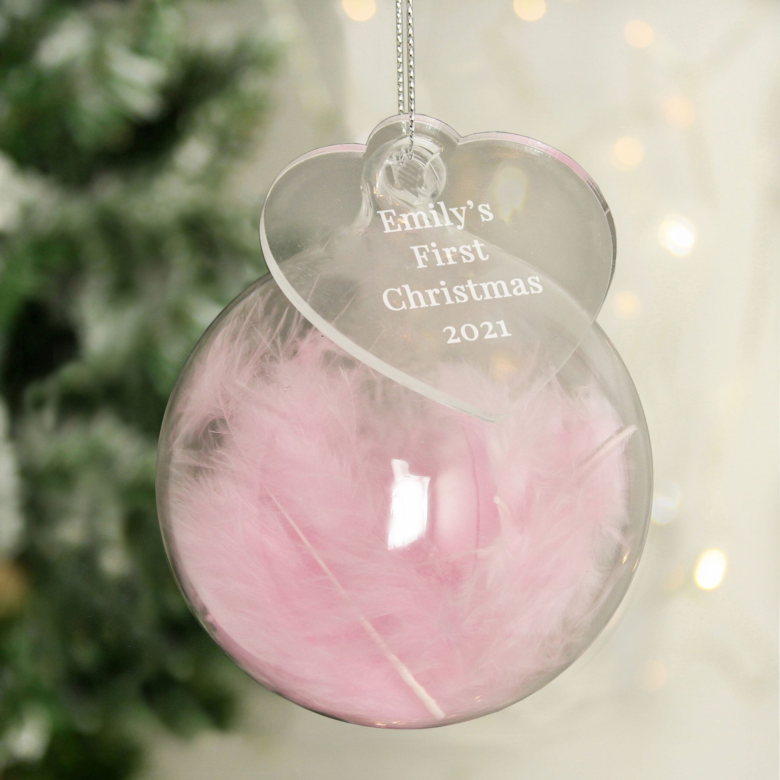 Personalised Free Text Pink Feather Glass Bauble With Heart Tag 7 Personalised Free Text Pink Feather Glass Bauble With Heart Tag