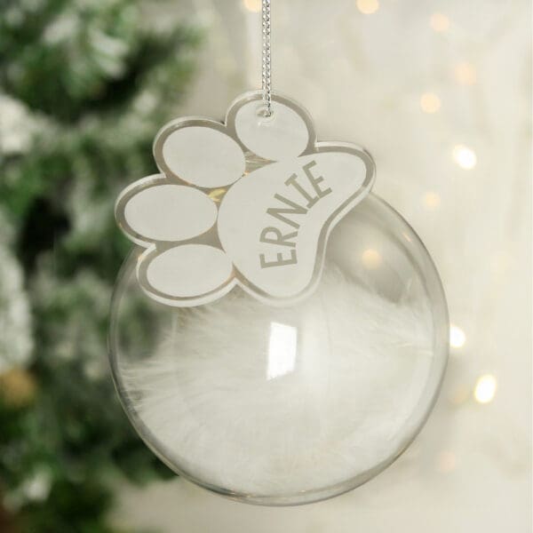 Personalised Pets White Feather Glass Bauble With Paw Print Tag 9 Personalised Pets White Feather Glass Bauble With Paw Print Tag