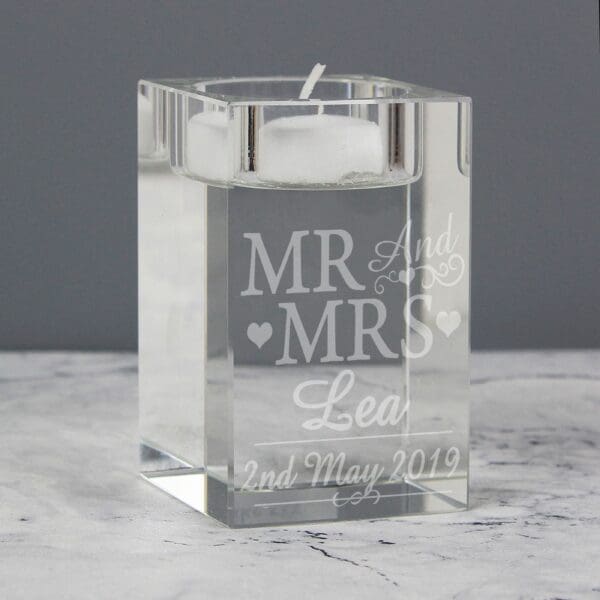 Personalised Mr & Mrs Glass Tea Light Candle Holder