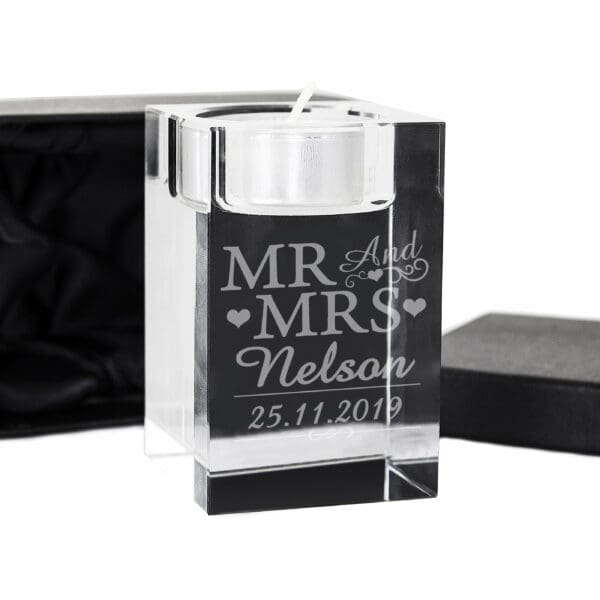 Personalised Mr & Mrs Glass Tea Light Candle Holder