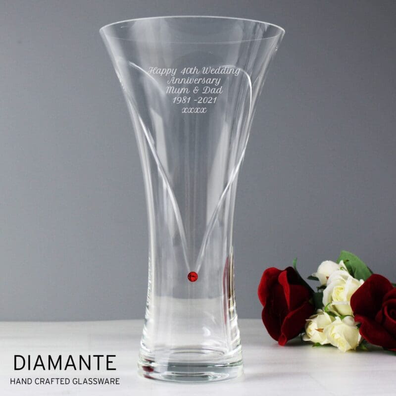 Personalised Large Hand Cut Ruby Diamante Heart Vase