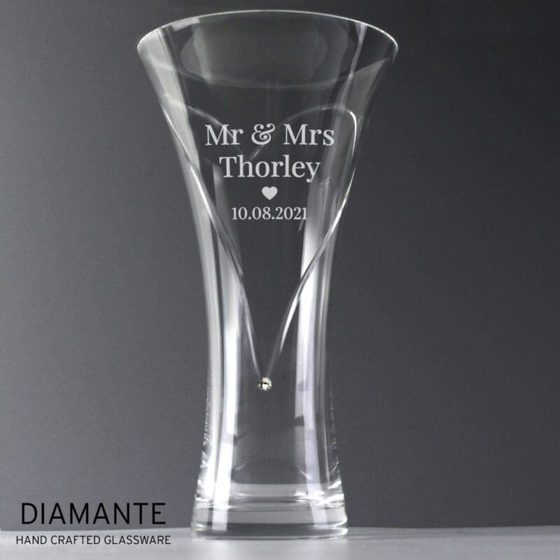 Personalised Mr & Mrs Large Hand Cut Diamante Heart Vase