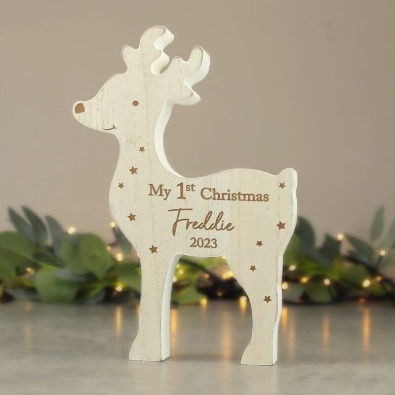 Personalised '1st Christmas' Rustic Wooden Reindeer Decoration