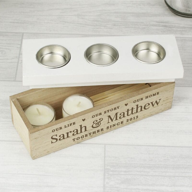 Personalised Our Life Story & Home Triple Tea Light Box