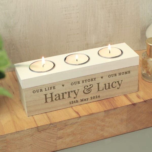 Personalised Our Life Story & Home Triple Tea Light Box