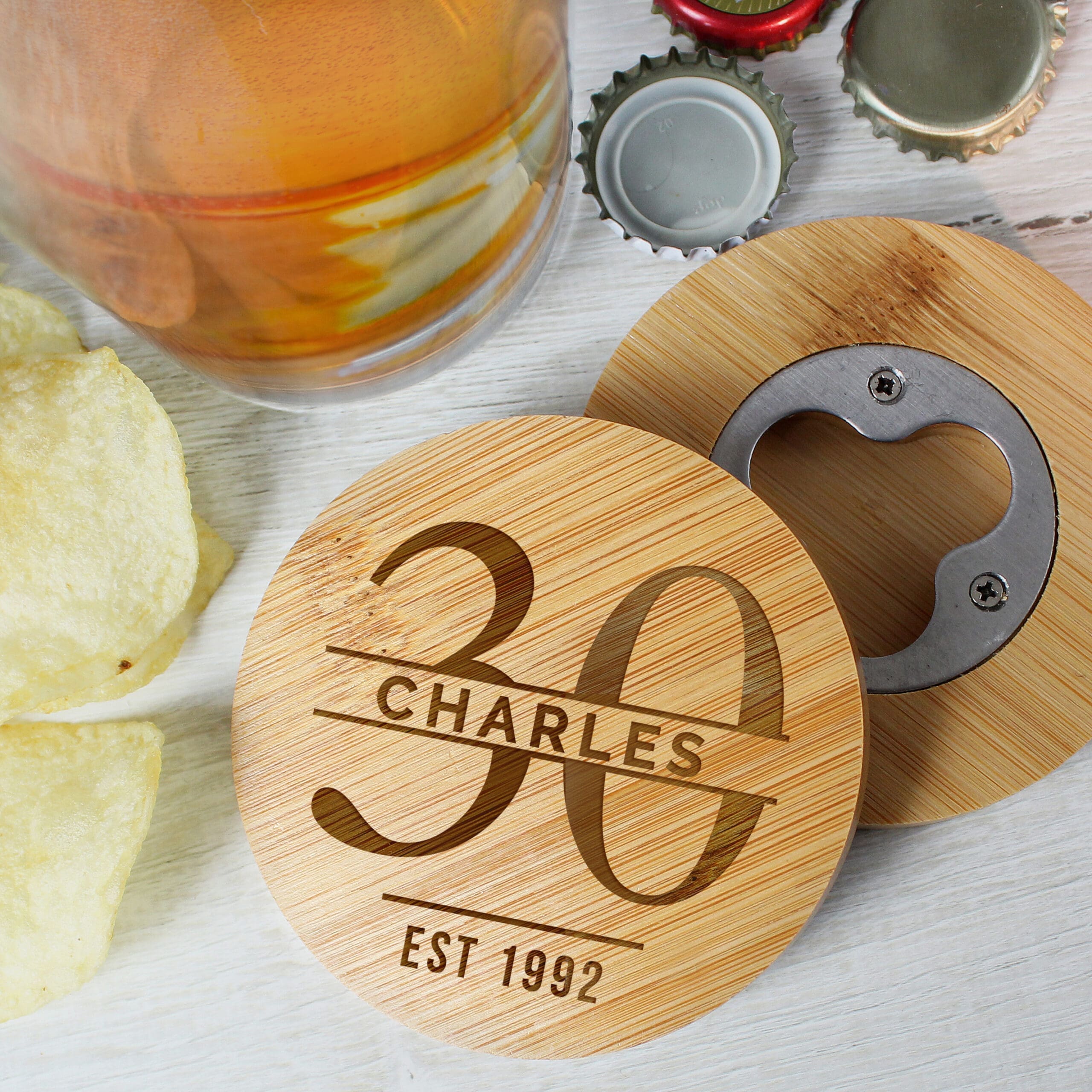 Personalised Big Age Bamboo Bottle Opener Coaster and Pint Glass Set 6 Personalised Big Age Bamboo Bottle Opener Coaster and Pint Glass Set