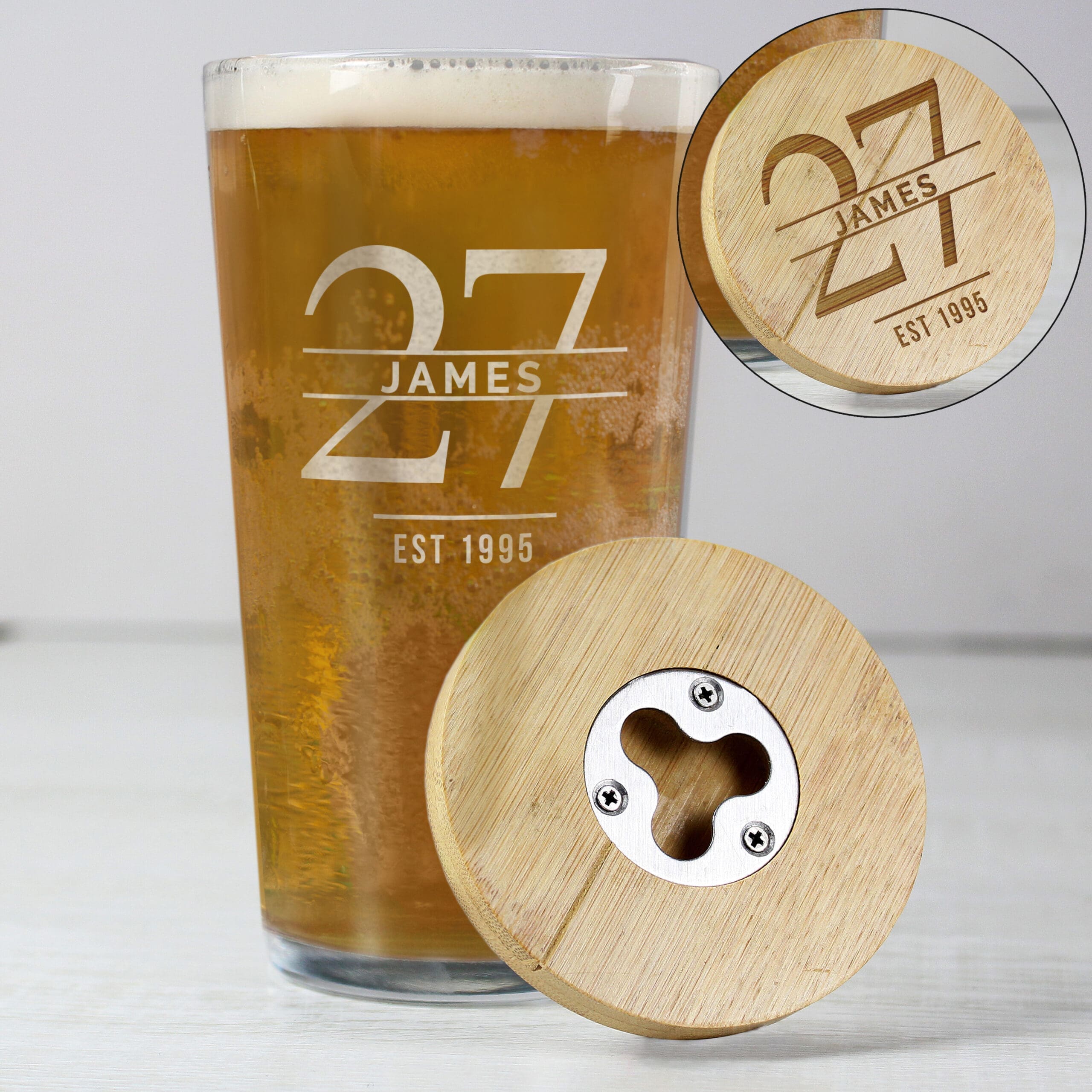 Personalised Big Age Bamboo Bottle Opener Coaster and Pint Glass Set 8 Personalised Big Age Bamboo Bottle Opener Coaster and Pint Glass Set