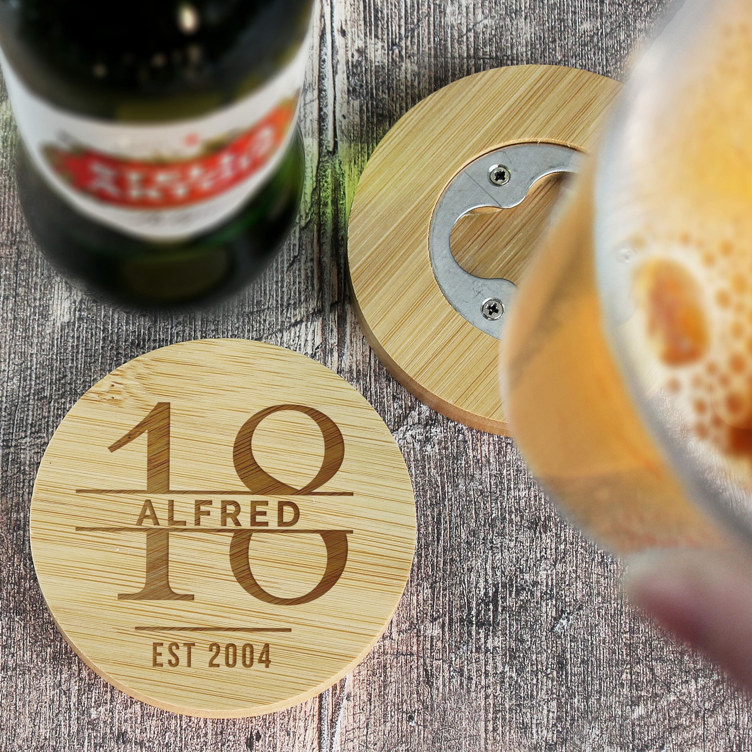 Personalised Big Age Bamboo Bottle Opener Coaster and Pint Glass Set 9 Personalised Big Age Bamboo Bottle Opener Coaster and Pint Glass Set