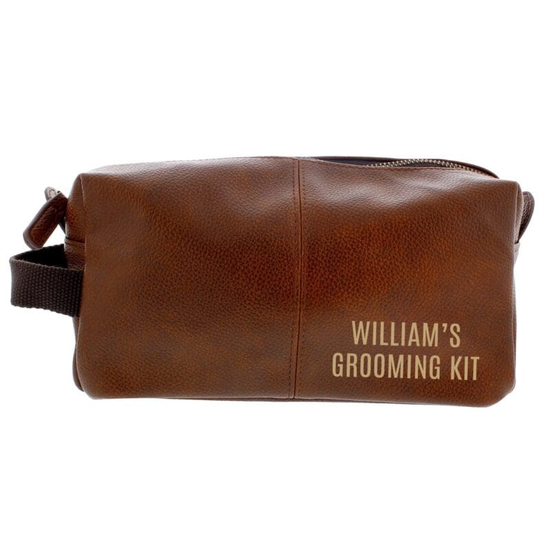 Personalised Luxury Brown leatherette Wash Bag