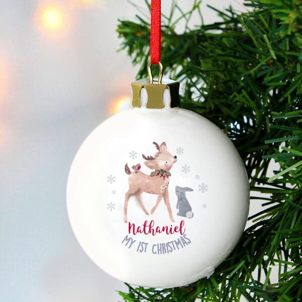 Personalised 1st Christmas Festive Fawn Bauble