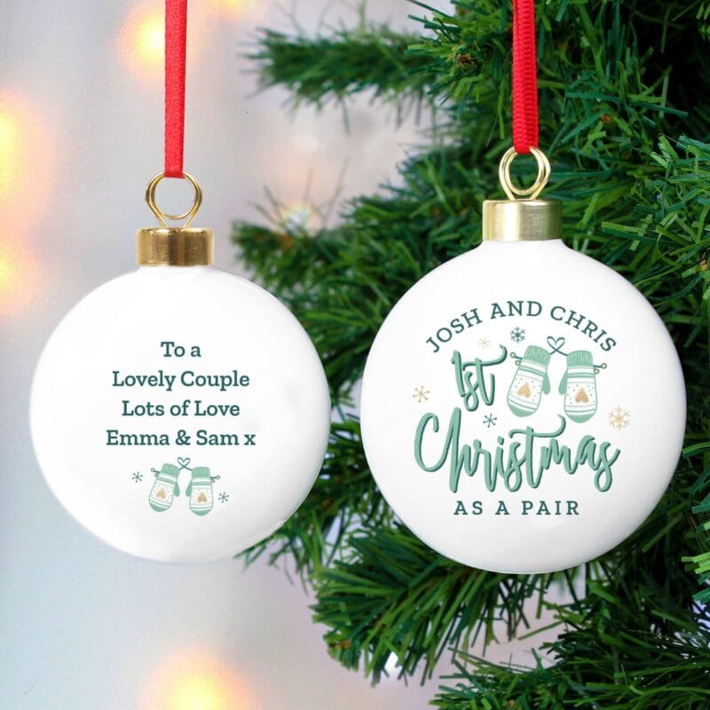 Personalised Couples Christmas Mittens Bauble