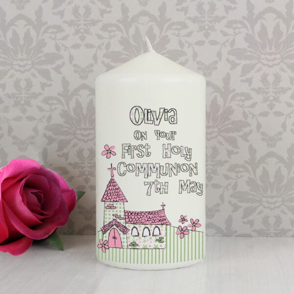 Personalised Whimsical Church Pink 1st Holy Communion Pillar Candle