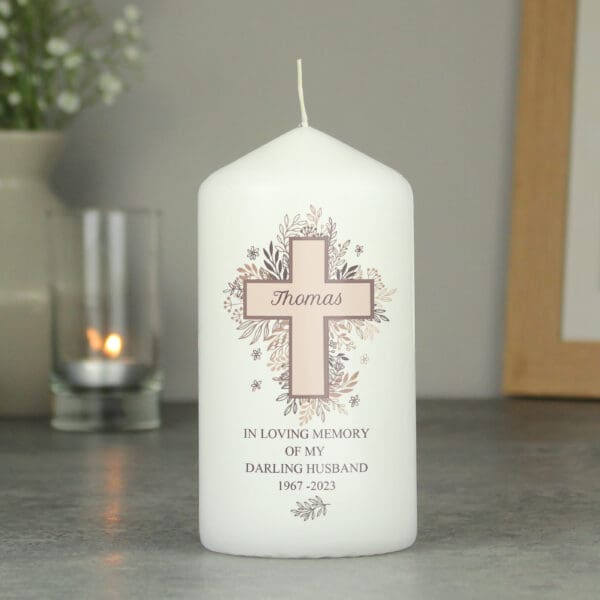 Personalised Floral Cross Pillar Candle